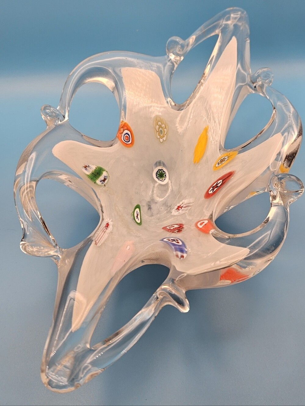 Vintage Murano Italian Art Glass Bowl Starfish Shape Millefiori White Freeform